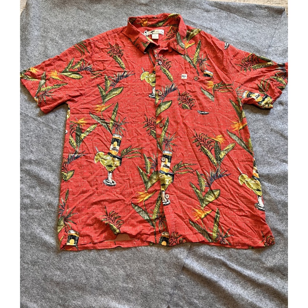 Corona Extra Tropical Beer Print Button Up Shirt XL Red Cotton Margarita Pattern